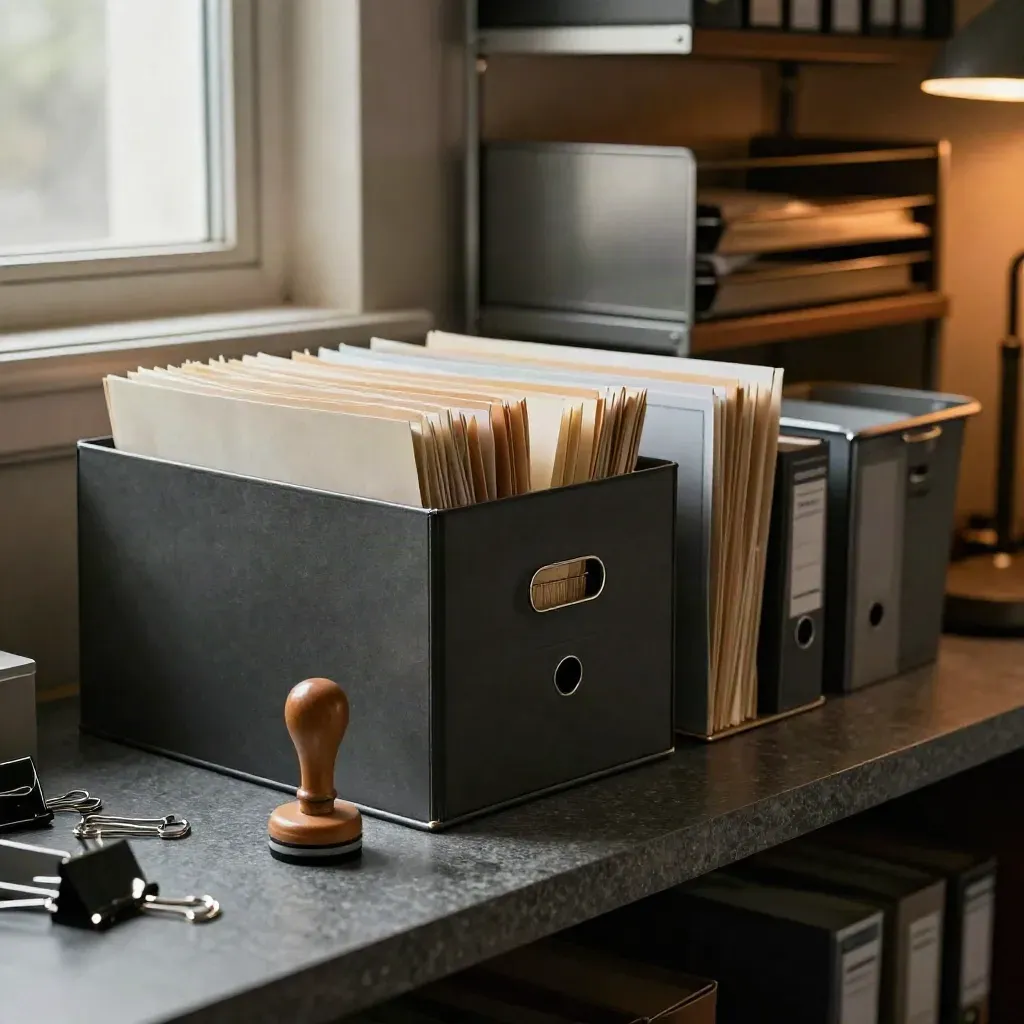 Matte file box, tabbed folders, rubber stamp, and binder clips on a slate stone shelf in warm afternoon light.