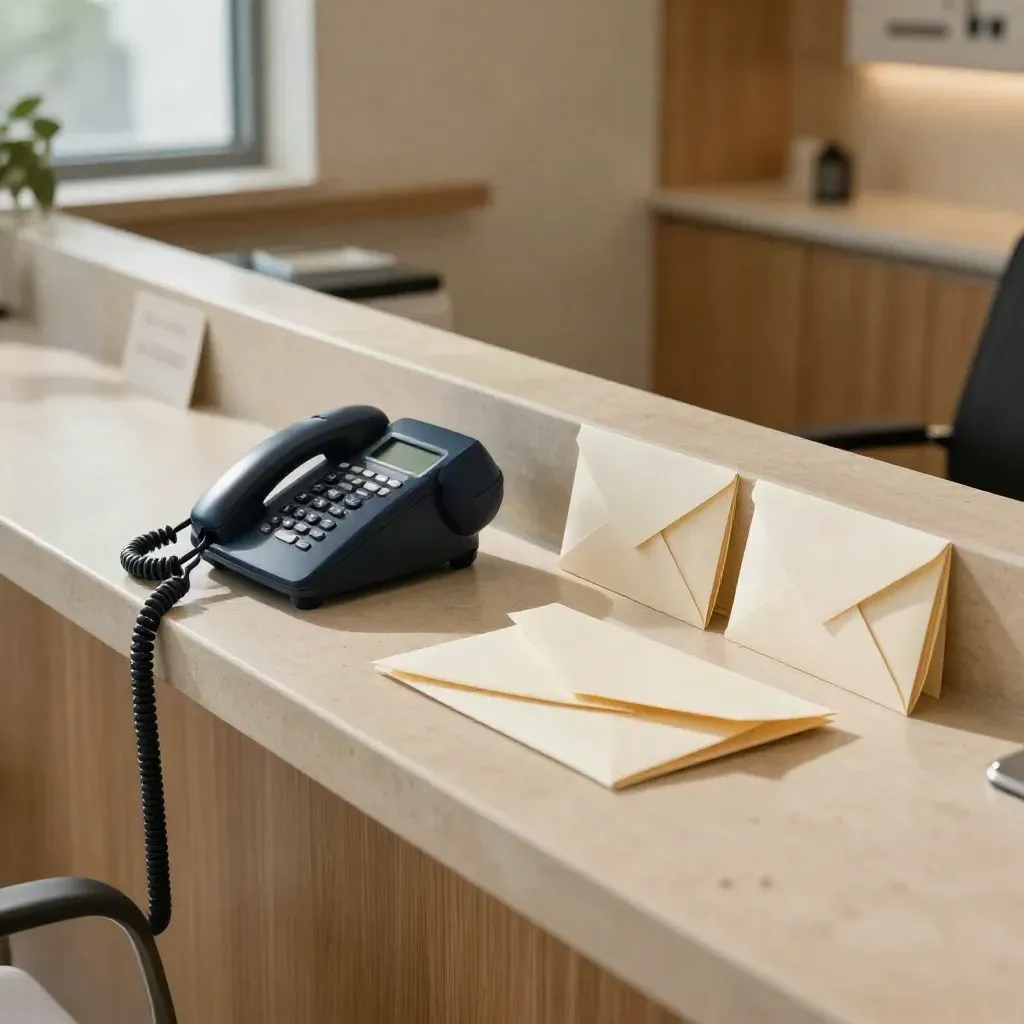 Quiet clinic counter with phone, sealed envelopes, and reminder boxes in warm daylight.