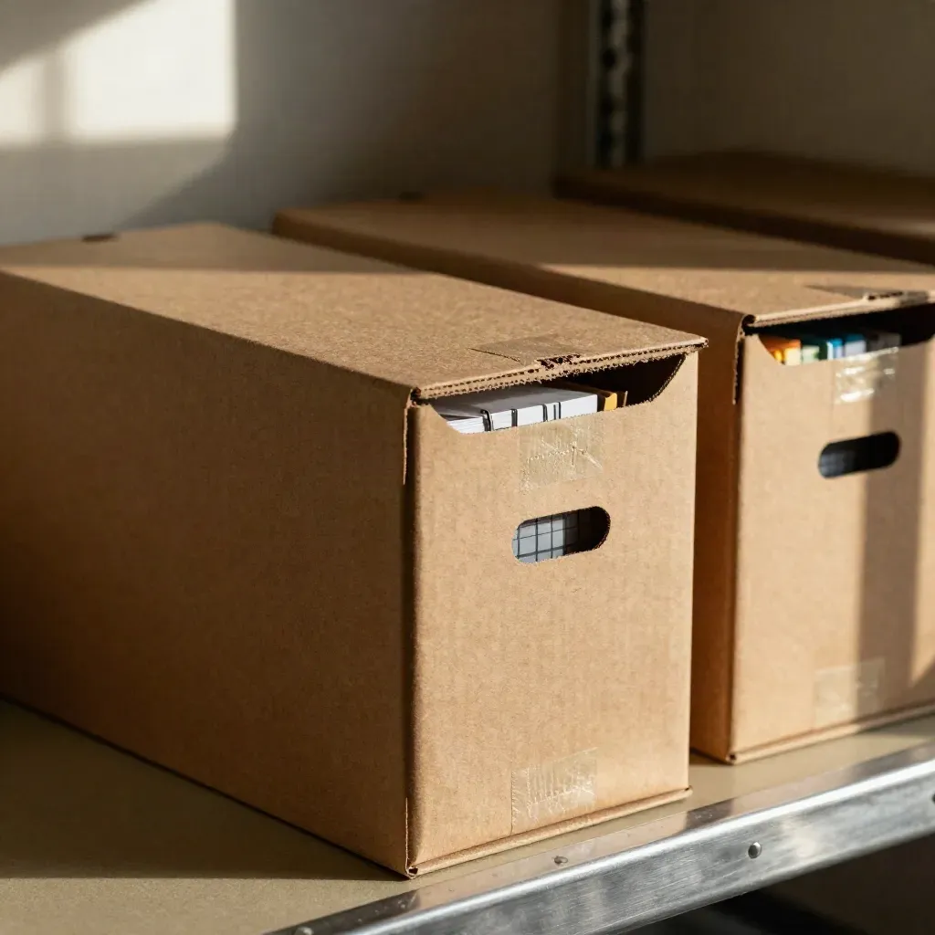Close-up of archive boxes, grid dividers and platinum clips on a shelf in raking light.