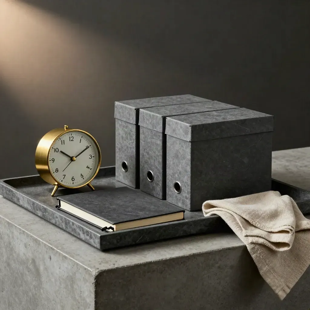 Brass clock, ledger notebook, and three file boxes on stone tray with linen cloth