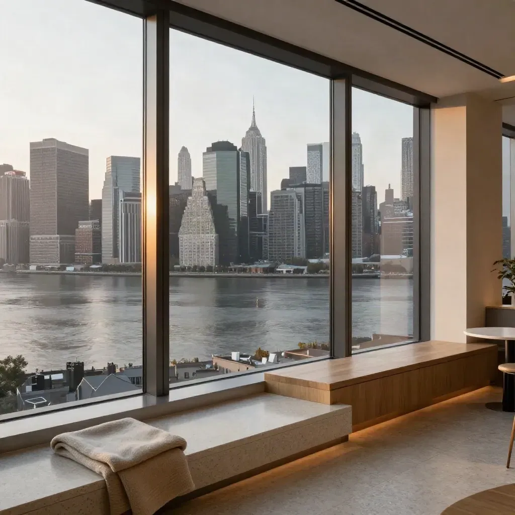 Glass-walled lounge view over a hazy dawn skyline with river reflections.