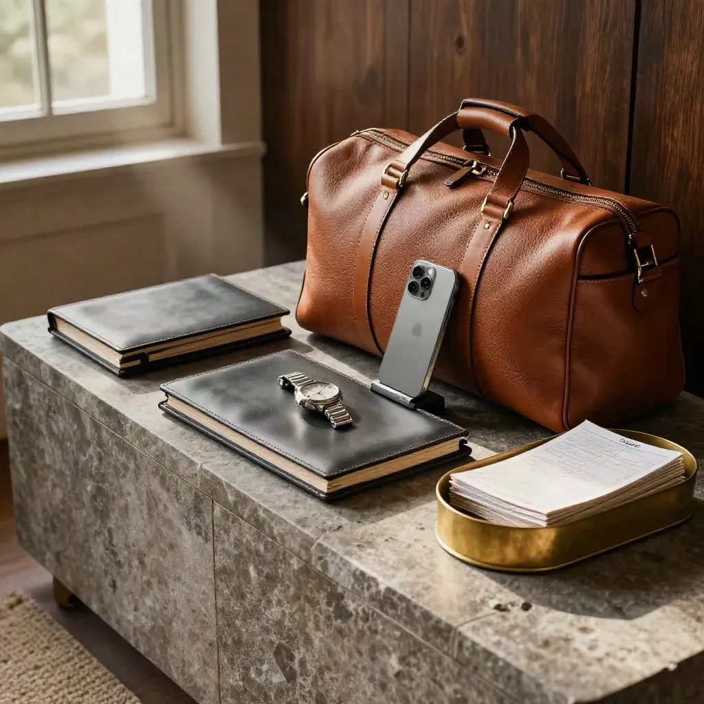 Travel folios, watch, phone cradle, overnight bag and brass catchall on a stone sideboard in warm light.