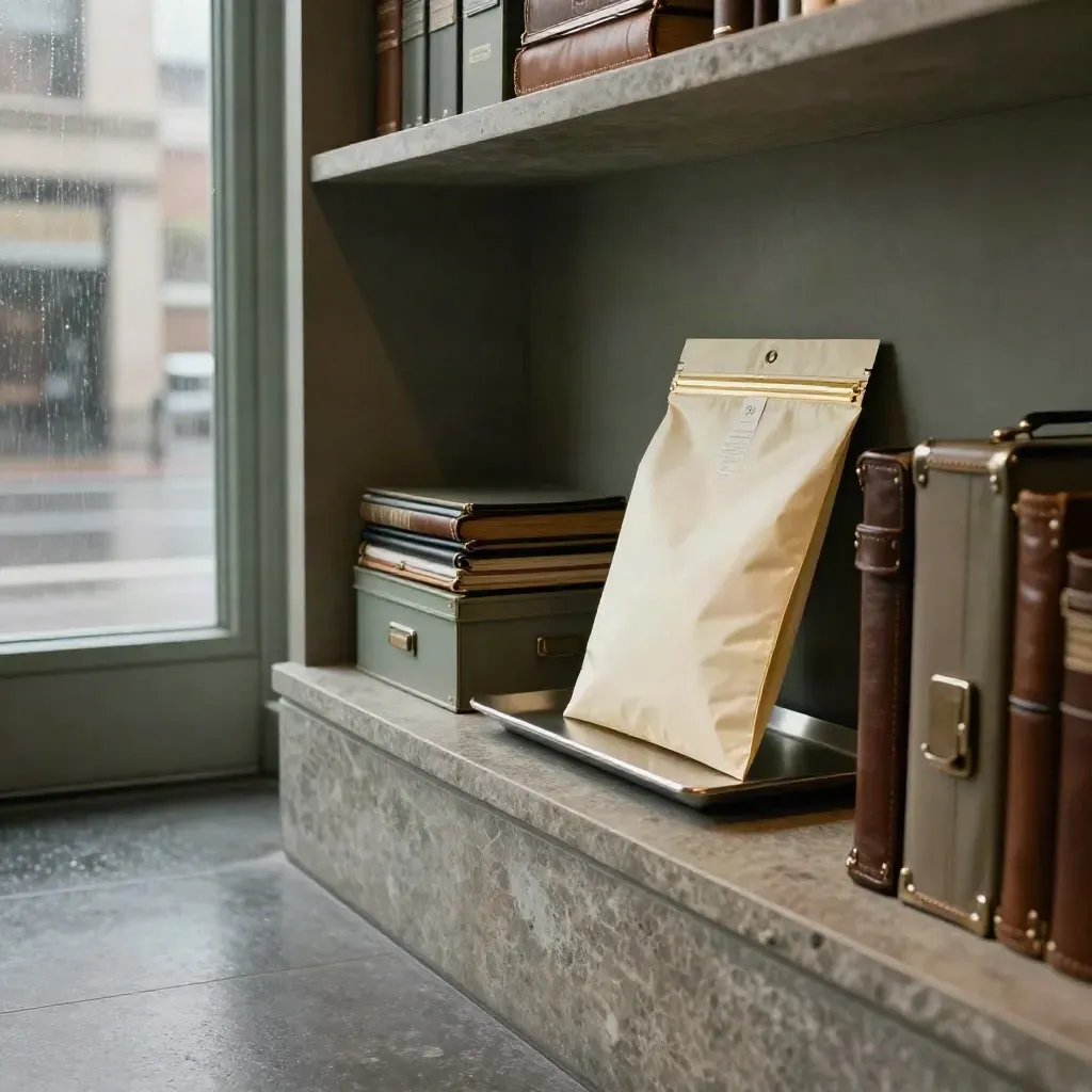 Stone executive support alcove with leather folios, archive boxes, tray, travel case, and a finished packet.