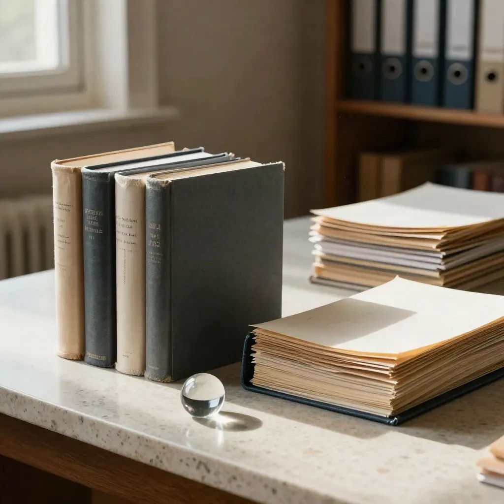 Research support still life with books, folders, source cards and a glass paperweight on travertine.
