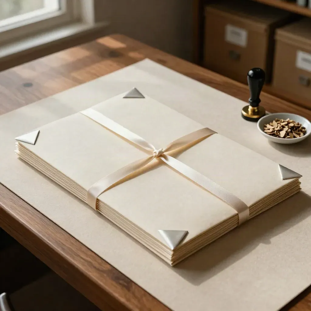 Cream document packet with ribbon ties, corner clips and sealing stamp on a walnut bench