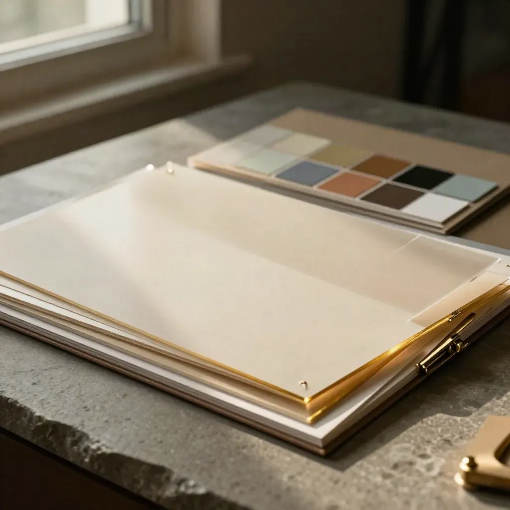 Presentation design boards, acetate layers, color chips, and a folded case on stone in moody light.