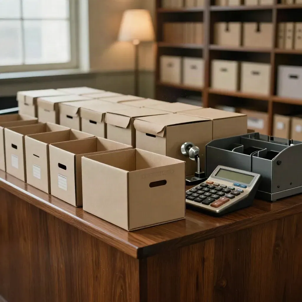 Archive boxes, a date stamp, calculator, and file sorter on a dark credenza in warm late-afternoon light.
