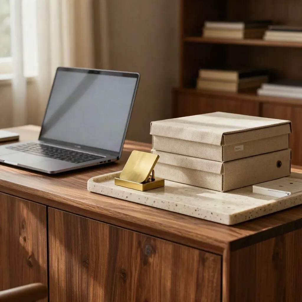 Closed laptop, aligned file boxes, phone dock and stone tray on a warm credenza in soft window light.