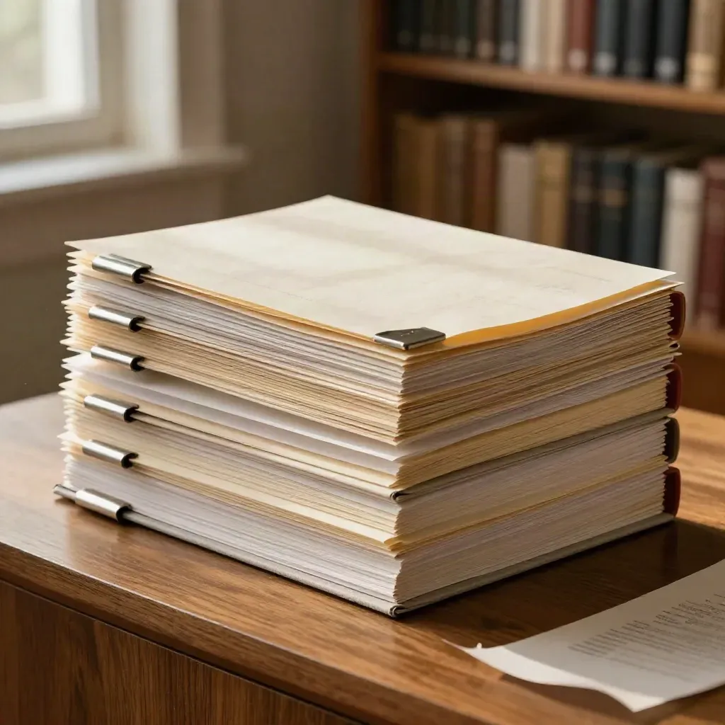 Macro of stacked research folders, clipped summaries, and source books on a warm oak shelf.