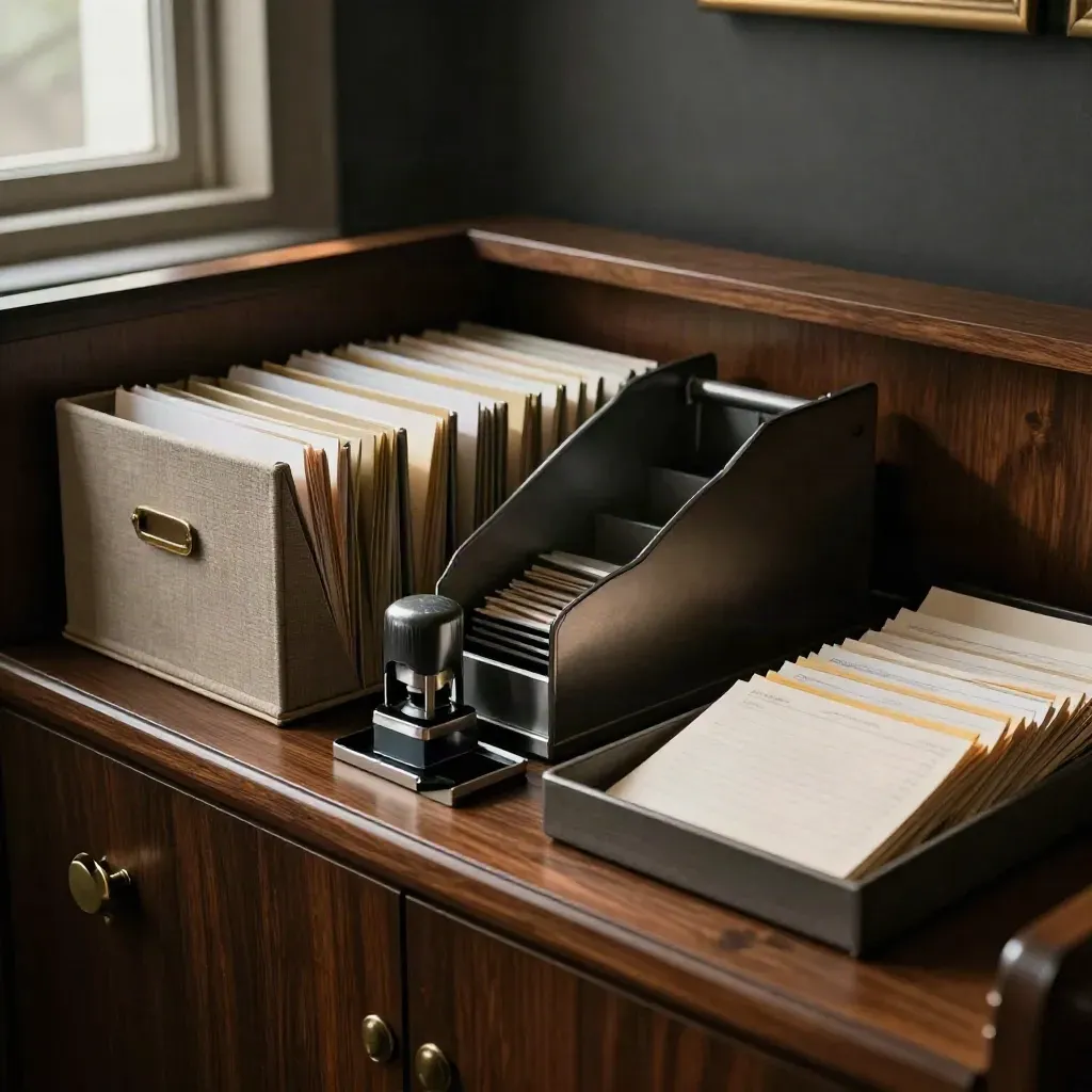 Moody back-office credenza with archive boxes, date stamp, file sorter and gold-trim billing tray.