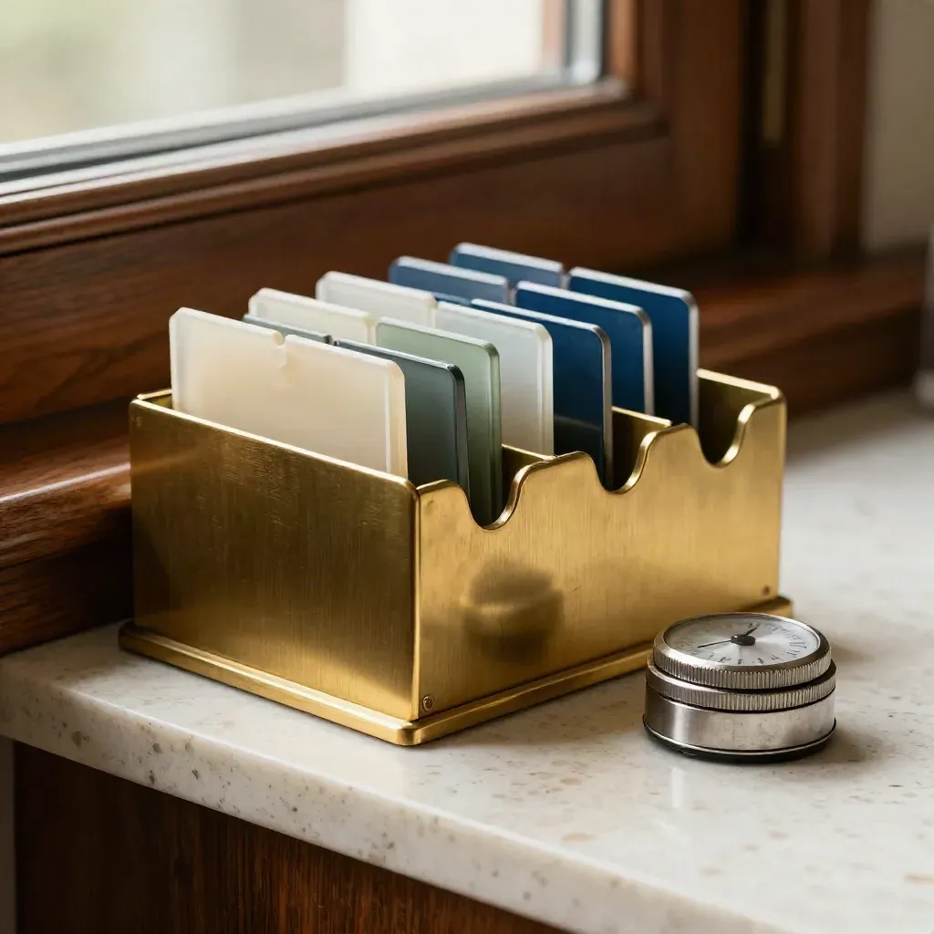 Brass inbox tokens, color tabs, slim timer and polished index rack on a travertine shelf.
