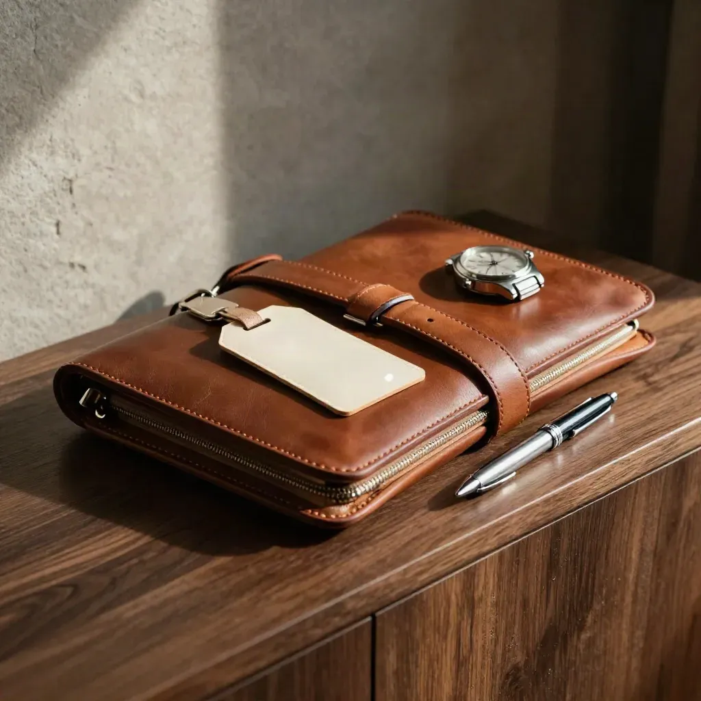 Leather travel folio, watch, key fob, pen and luggage tag on a walnut valet shelf.