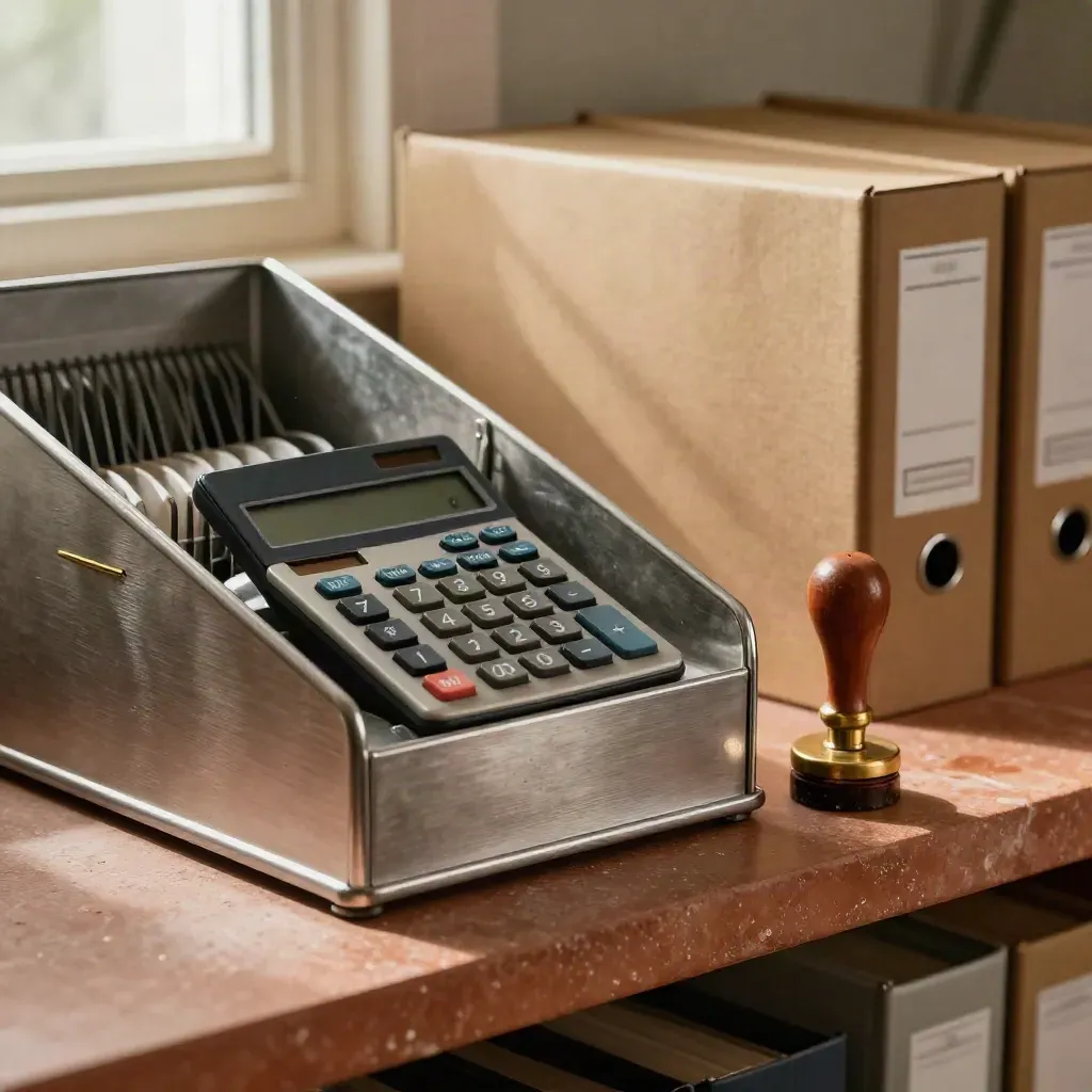 File sorter, archive boxes, date stamp and calculator on terracotta stone, low macro