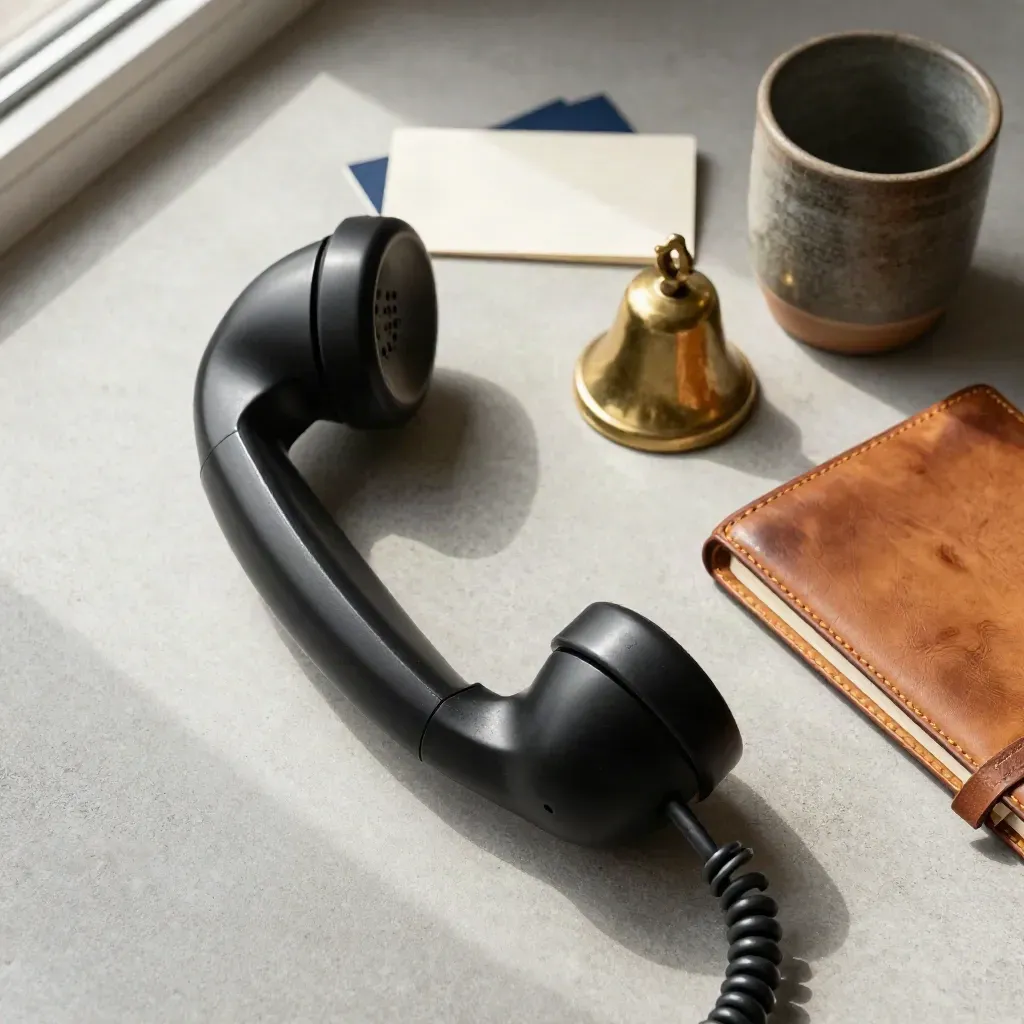 Overhead flatlay of a corded handset, brass bell, leather notebook and pen cup on pale concrete.