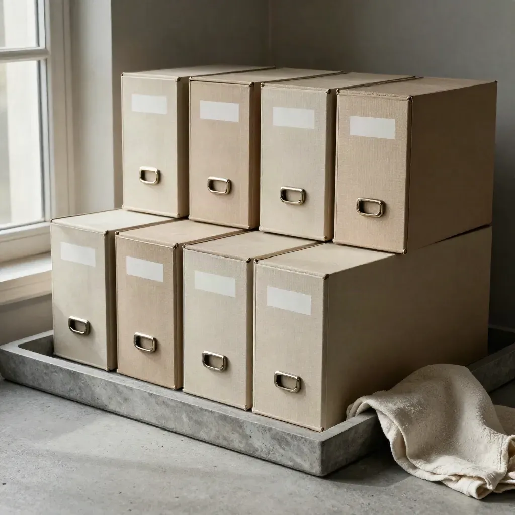 Top-down tray still life of file boxes, tabs, clips, and a folded cloth on concrete.