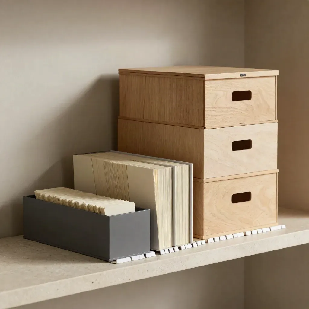 Archive boxes, modular trays, and divider cards on a stone shelf with soft side light.