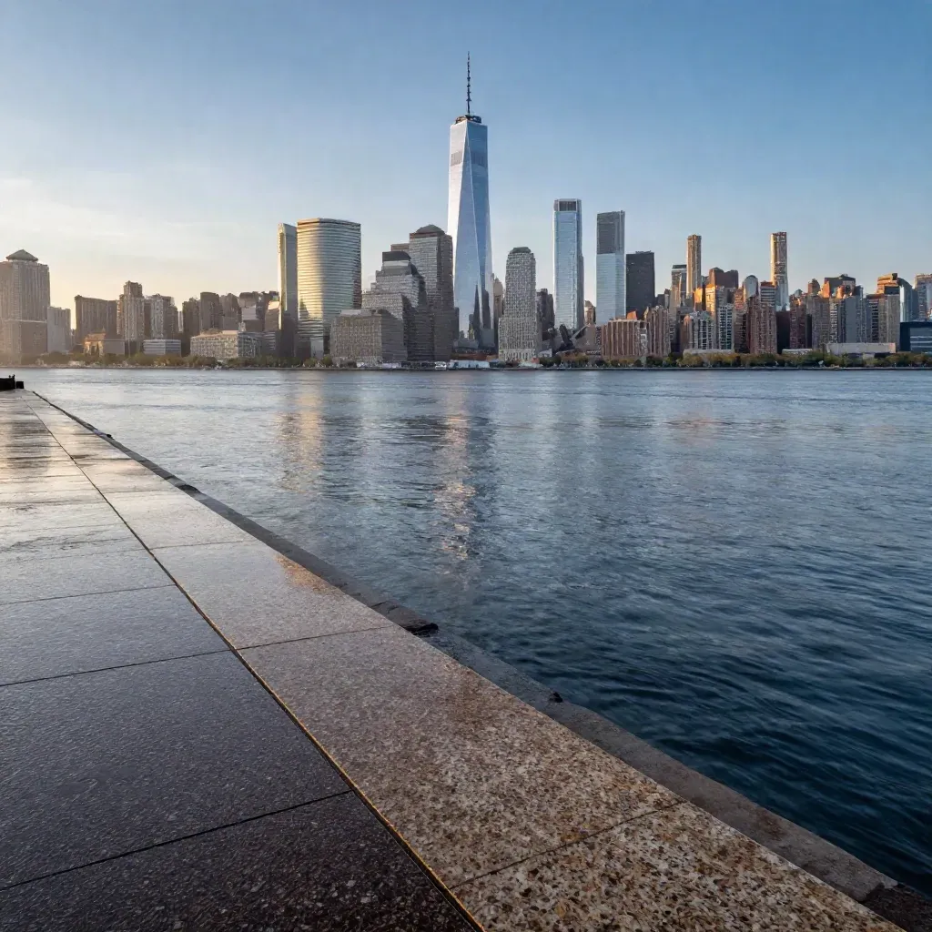 Lower Manhattan skyline above the East River from a misty Brooklyn waterfront at blue hour.