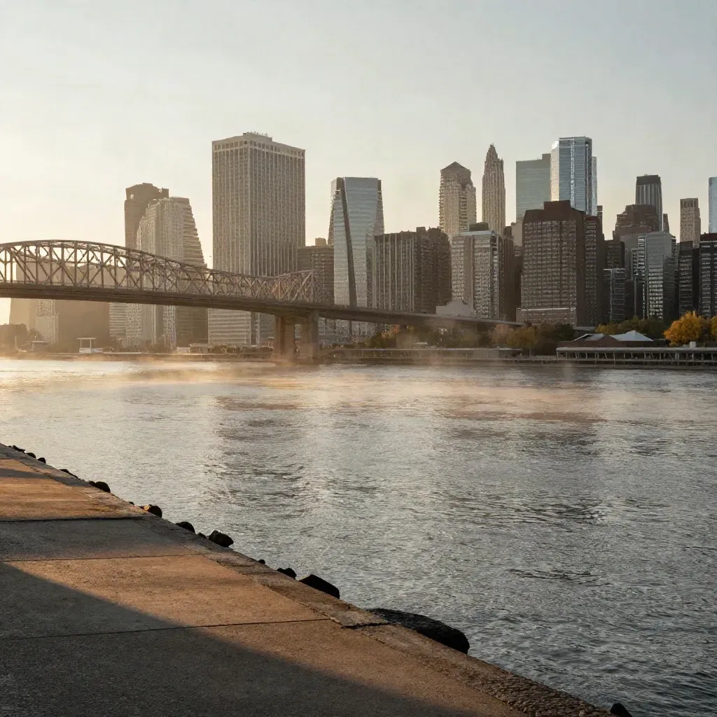 Golden-hour Hudson River vista with Jersey City towers, bridge trusses, and fog-softened Newark beyond.