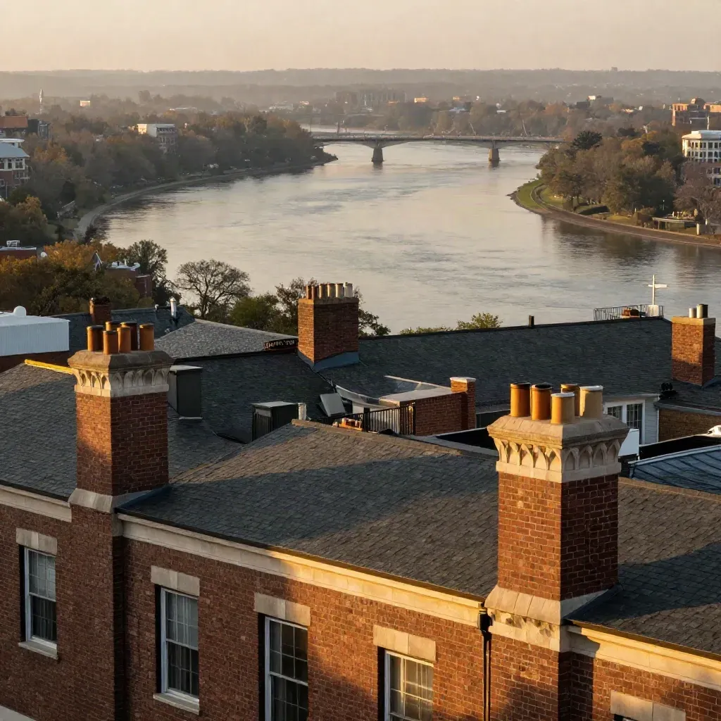 Philadelphia rooftops and river bends beneath a distant stone viaduct in hazy late-afternoon light.